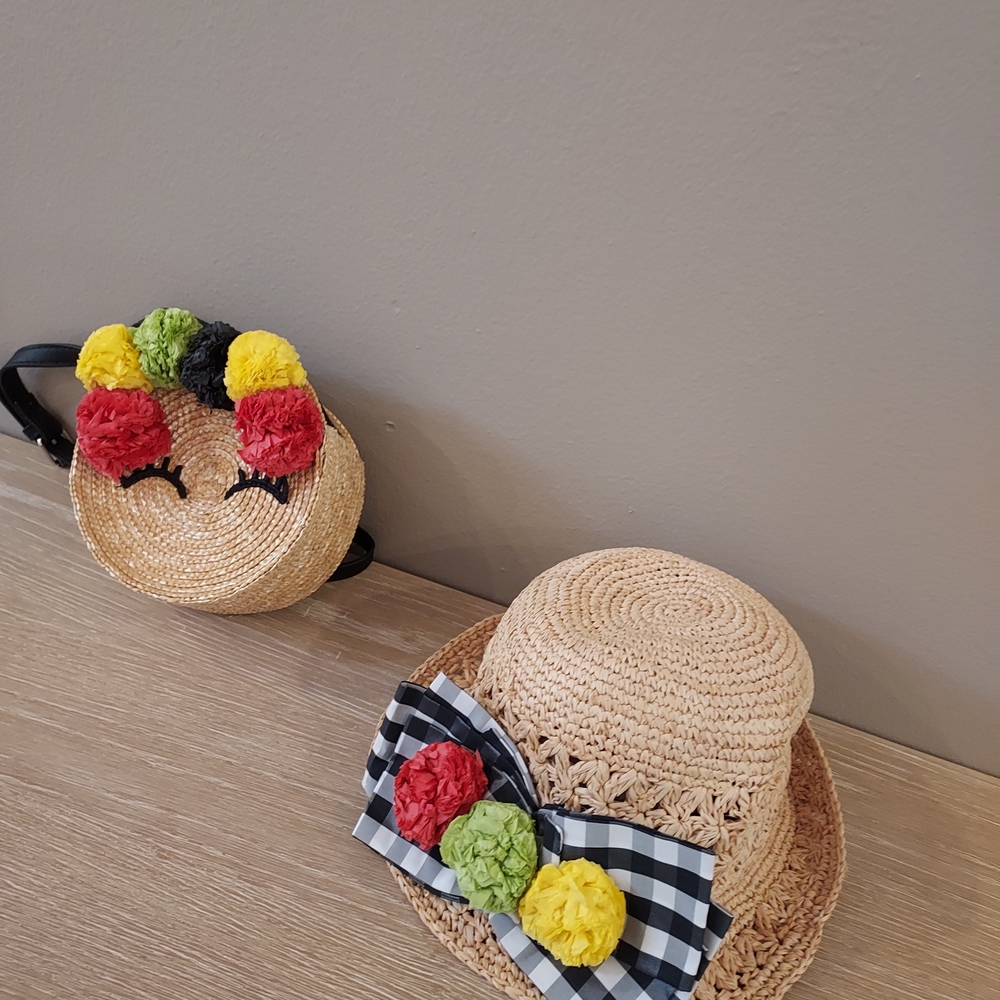 Straw Hat and Bag Set with Pom Poms